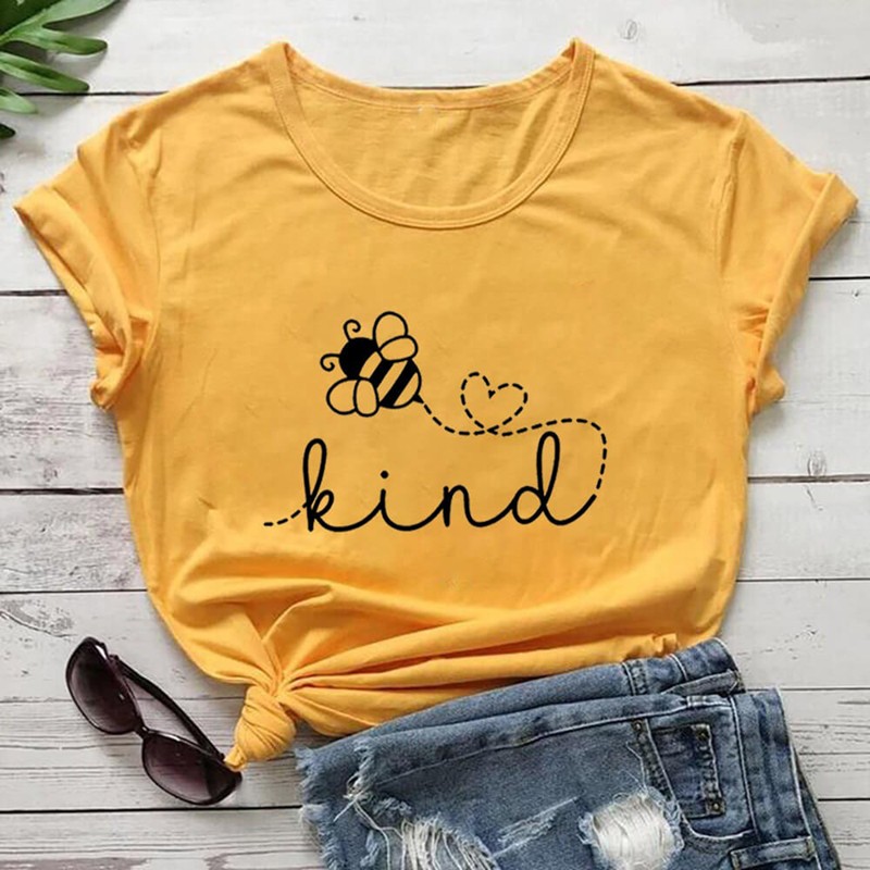 T-shirt manches courtes pour femmes, 100% coton Bee KIND jaune orangé