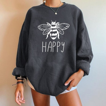 Sweat-shirt Abeille pour femme inscription BEE HAPPY à manches longues de couleur gris