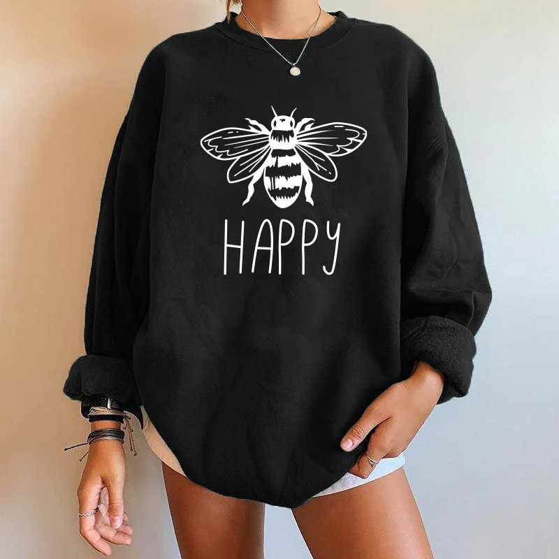 Sweat-shirt Abeille pour femme inscription BEE HAPPY à manches longues de couleur noir