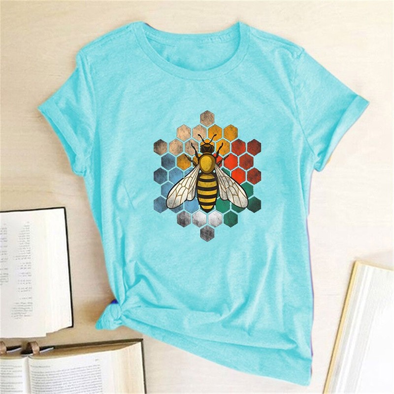 T-shirt Abeille col ras du cou en coton pour femme imprimé nid d'abeille bleu clair