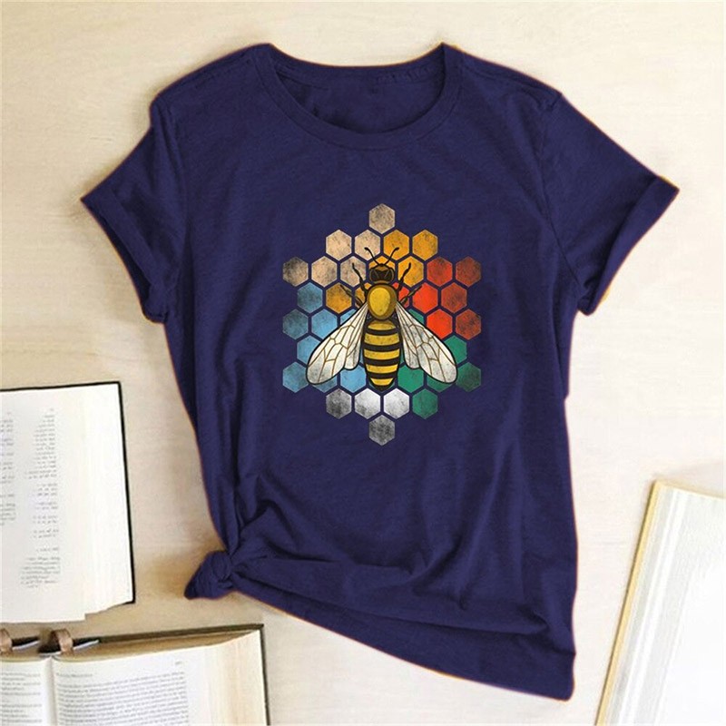 T-shirt Abeille col ras du cou en coton pour femme imprimé nid d'abeille bleu foncé