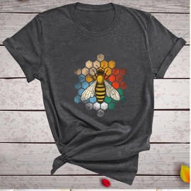 T-shirt Abeille col ras du cou en coton pour femme imprimé nid d'abeille gris foncé