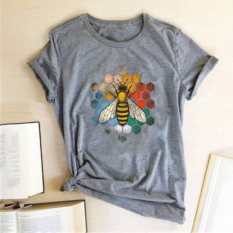 T-shirt Abeille col ras du cou en coton pour femme imprimé nid d'abeille gris