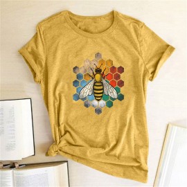 T-shirt Abeille col ras du cou en coton pour femme imprimé nid d'abeille jaune