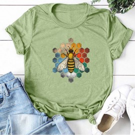 T-shirt Abeille col ras du cou en coton pour femme imprimé nid d'abeille vert