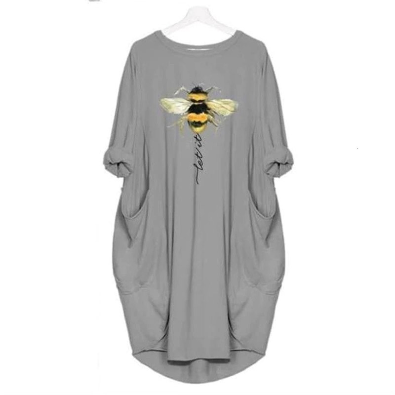T-Shirt Long Abeille pour Femme avec 2 poches Let it Bee couleur gris