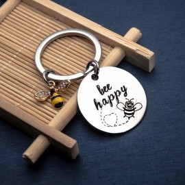 Magnifique Porte-clé abeille avec médaille gravée Bee Happy