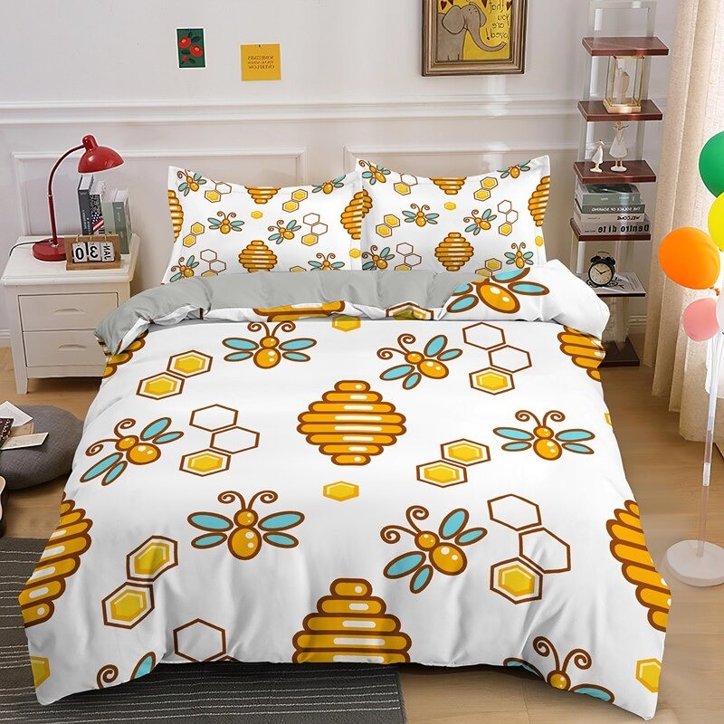 Parure de lit abeille - housse de couette avec taie d'oreiller Abeilles Ruches géométriques