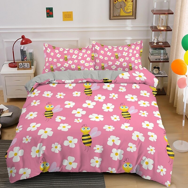 Parure de lit abeille - housse de couette avec taie d'oreiller tout en rose