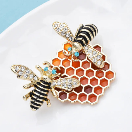 broche abeille Grande broche nid d'abeille miel doré