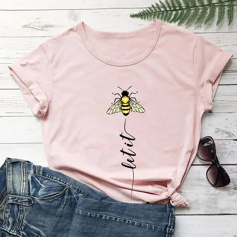 T-shirt Bee Happy à la verticale - couleur peche