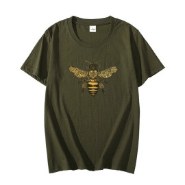 T-shirt col rond dessin d'abeille - couleur vert kaki