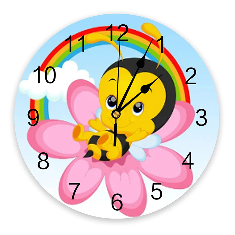 Horloge à aiguilles bébé abeille sous l'arc-en-ciel