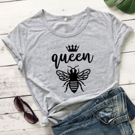 Tshirt Femme à Manches Courtes Queen Been Reine abeille gris clair