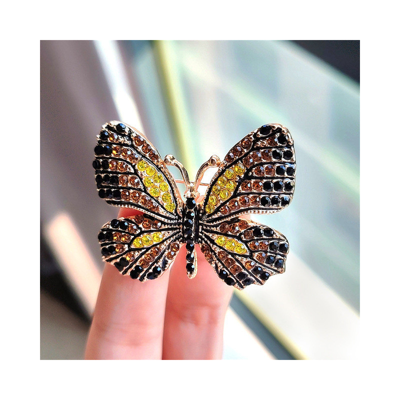 Magnifiques Broches Papillon aux Ailles Colorées avec Strass Noir