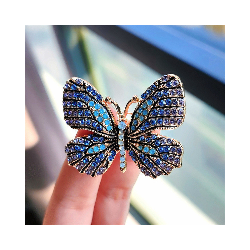 Magnifiques Broches Papillon aux Ailles Colorées avec Strass Bleu