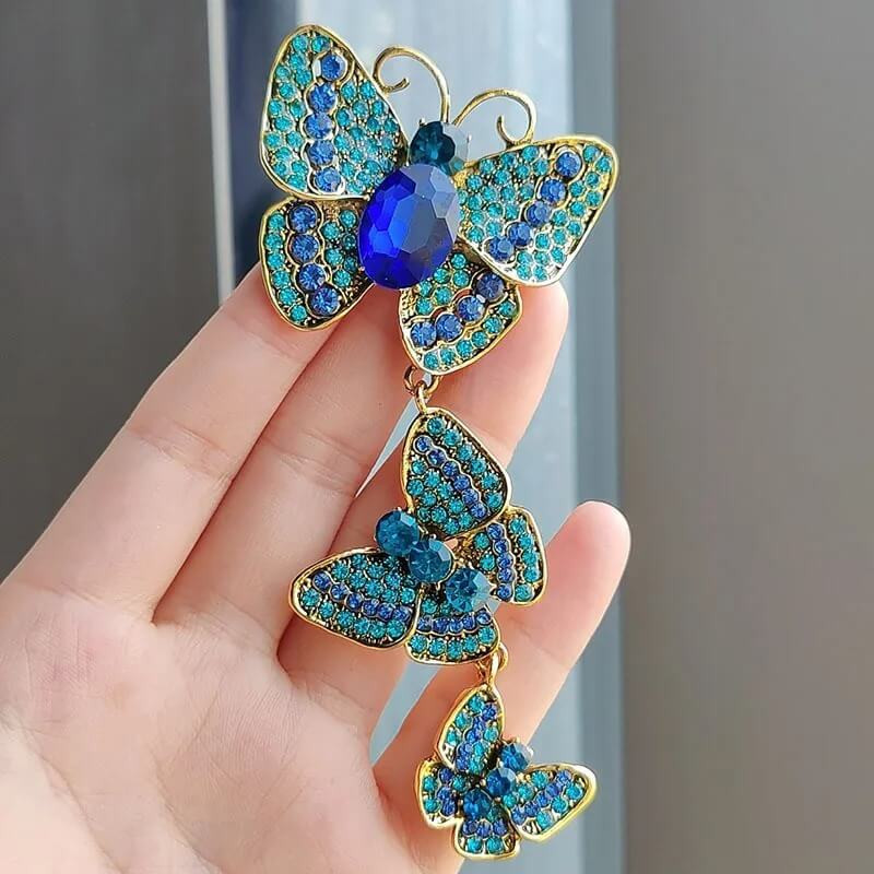 Grande Broche de 3 Papillons Style Vintage Couleur Bleu