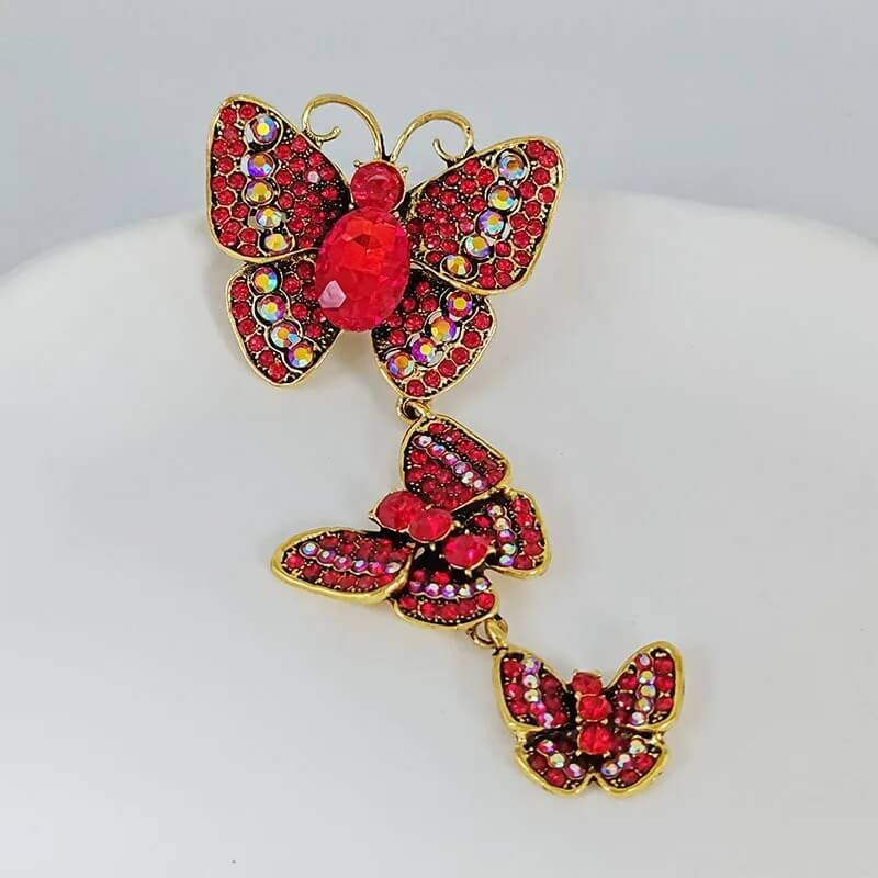 Grande Broche de 3 Papillons Style Vintage Couleur Rouge
