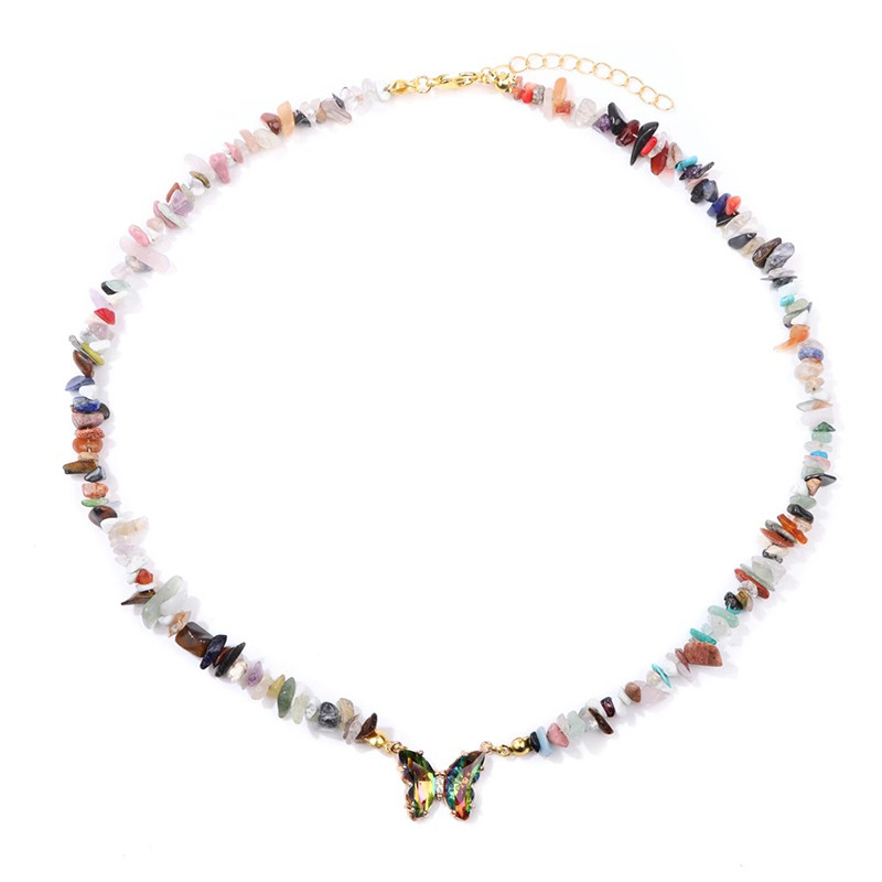 Collier papillon et pierre naturelle - multicolore