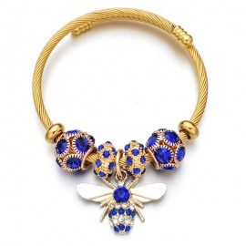Bracelet en acier inoxydable avec perles en cristal abeille et ajustable pour femme bleu